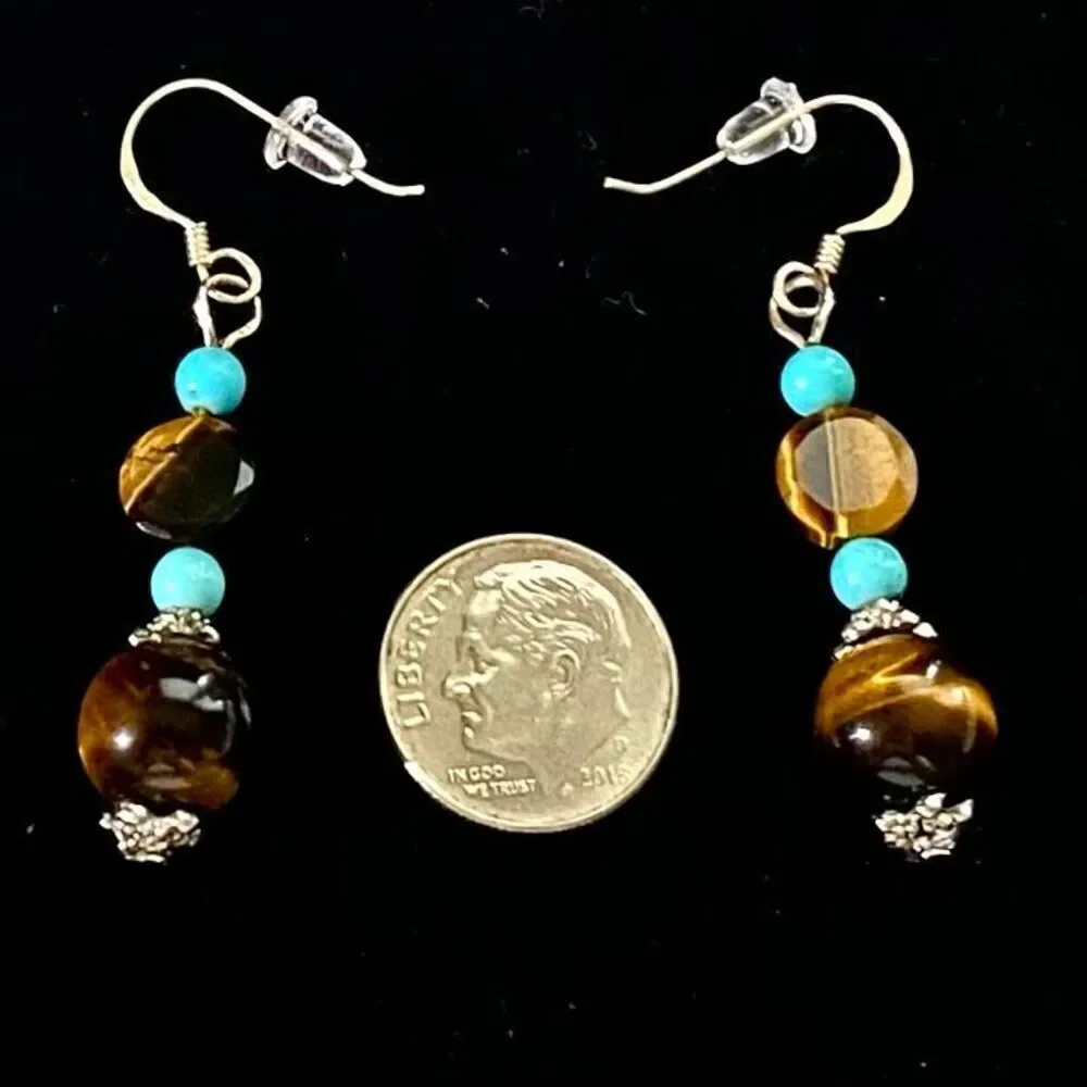 AJJ Sterling 1 3/4” Dangles with Tiger eye & Turquoue beads